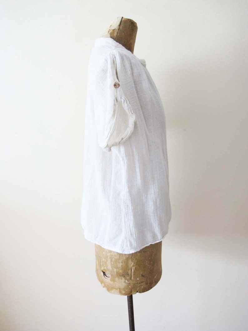 Vintage 70s Gauze Cotton Shirt S M White Wrinkled Cotton Blouse Natural Fiber Minimalist Cotton Top Boho Blouse image 5