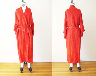 Kimono vintage de seda roja: bata floral de los años 80, talla única