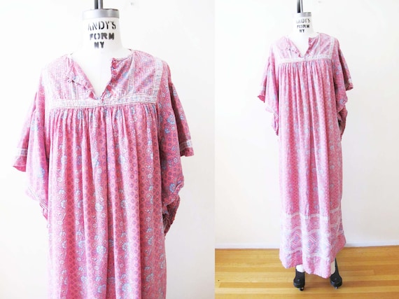 Vintage 80s Indian Maxi Dress S M - 1980s Pink Bl… - image 1