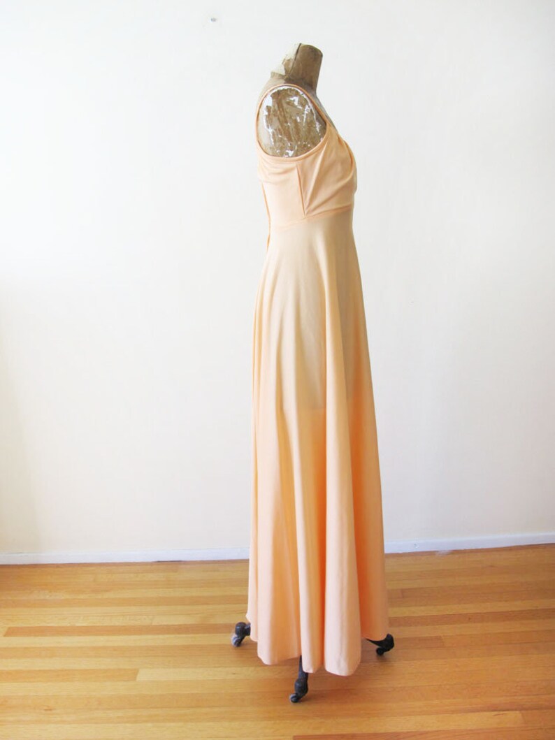 70s Long Flowy Dress Sheer Bolero Jacket Peach Pastel Disco Dress Vintage 70s Maxi Dress 70s Prom Dress Spaghetti Strap Maxi