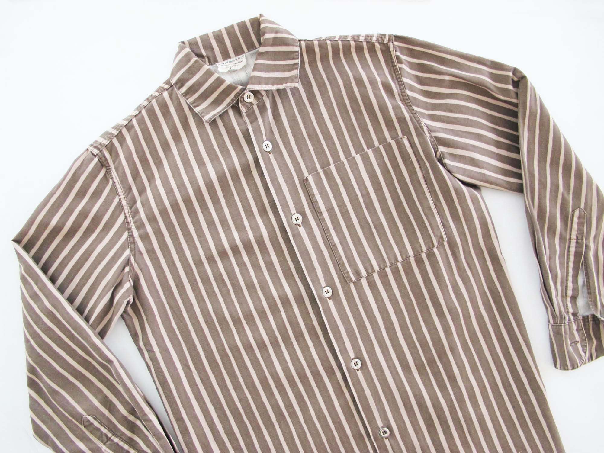 Vintage 70s Marimekko Striped Button Down Shirt S - Vertical Brown 