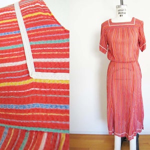 Vintage 80s Albert Nipon Dress XS S 1970s Red Multicolor Stripe Short Sleeve Semi Sheer Midi Dress image 1