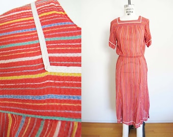 Vintage 80s Albert Nipon Dress XS S - 1970s Red Multicolor Stripe Short Sleeve Semi Sheer Midi Dress
