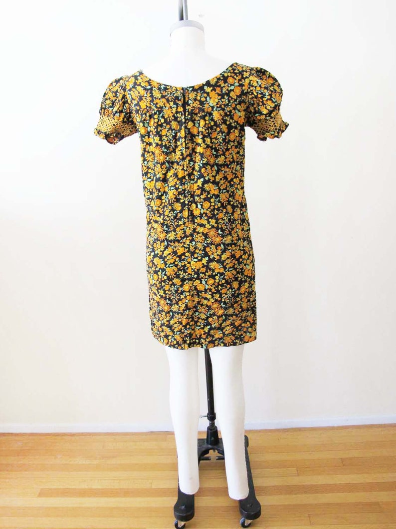 Vintage 60s Floral Babydoll Mini Dress XS 1960s Black Orange Yellow Puff Sleeve Shift Sundress Twiggy Mod Style image 6