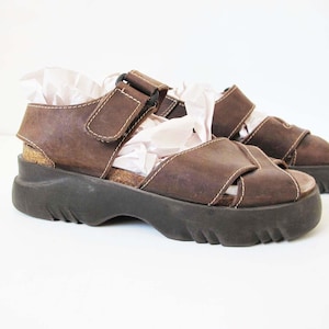 Vintage 90s Brown Leather Chunky Platform Lug Sole Ankle Strap Sandals 8 Made in Spain