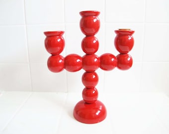 Mid Century Red Candlestick 3 Prong Made in Sweden - 1960s Cherry Tomato Red Tabletop Wood Candelabra - Scandinavian Folk Farm Decor