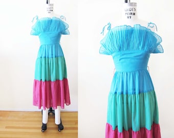 Vintage 70s Ruffle Colorblock Spaghetti Strap Sundress XS Blue Teal Green Pink - Tiered Stripe Dress