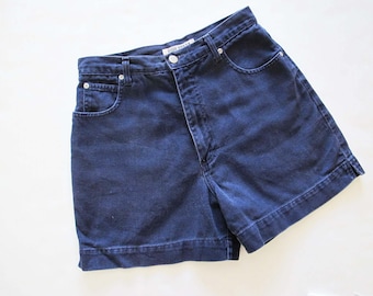 90s High Waist Navy Blue Denim Shorts 28 S/M  - 1990s Mid Length Women Jean  Shorts