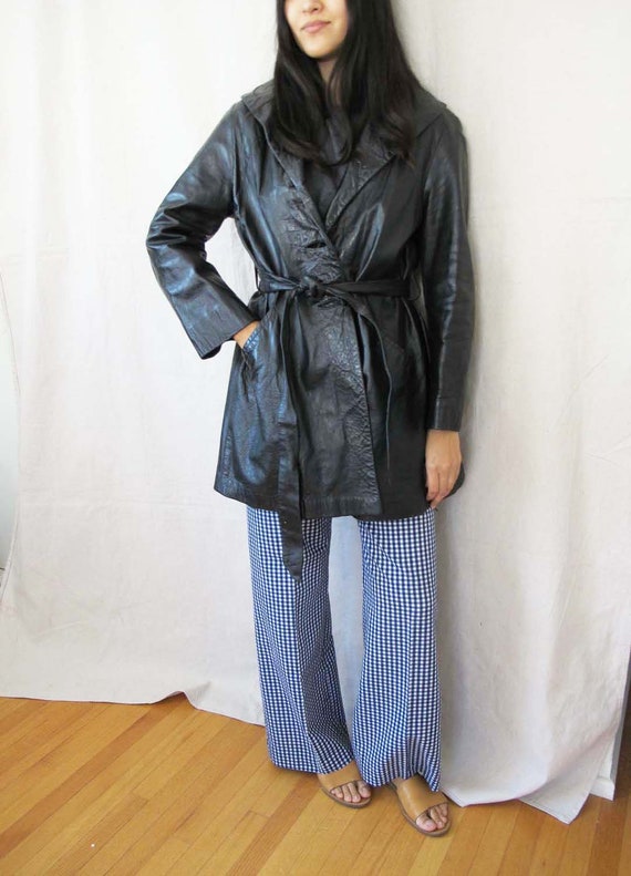 Vintage 60s Black Leather Trench Coat Small - 1960
