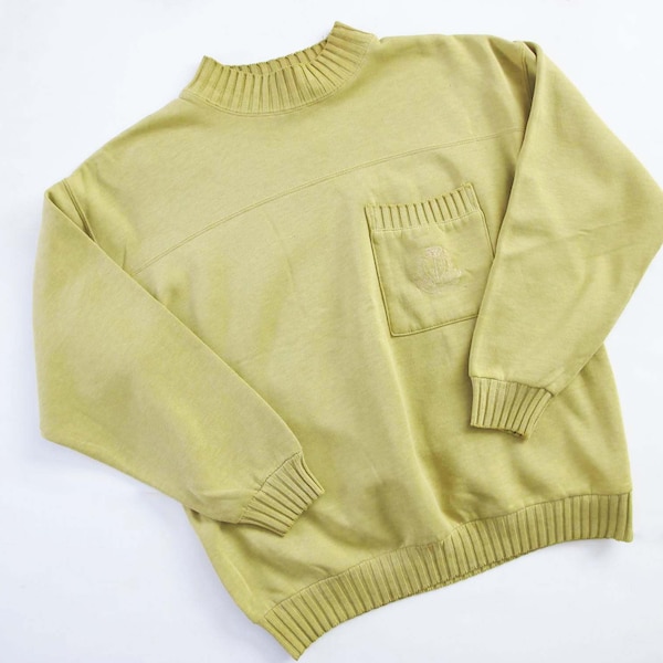 Vintage 90s Green Yellow Mockneck Sweatshirt S M - 1990s Grunge Tall Neck Baggy Slouchy Pullover Jumper