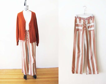 Vintage 60s Striped Sailor Pants 26 Small - 1960s Rust Orange Cream High Waist Wide Leg Cotton Pants