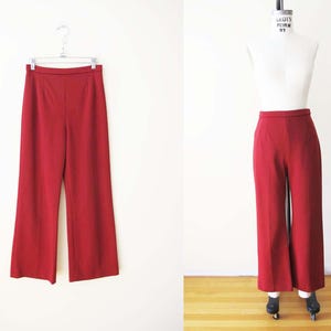 Vintage 70s Wide Leg Pants S M 28 Waist - 1970s Burgundy Red High Waist Polyester  Trouser Pants