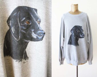 Vintage Black Lab Sweatshirt L XL - 90s Baggy Painted Labrador Retriever Dog Head Pullover Tri Blend Raglan Jumper - Dog Mom Dad Gift