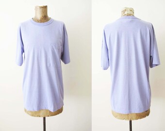 Vintage 90s Lavender Purple Cotton Pocket S Shirt S M - 1990s Solid Color Crewneck Short Sleeve Shirt