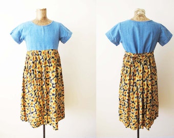 Vintage 90s Denim and Sunflower Mini Dress S - 1990s Grunge Empire Waist Babydoll Sundress