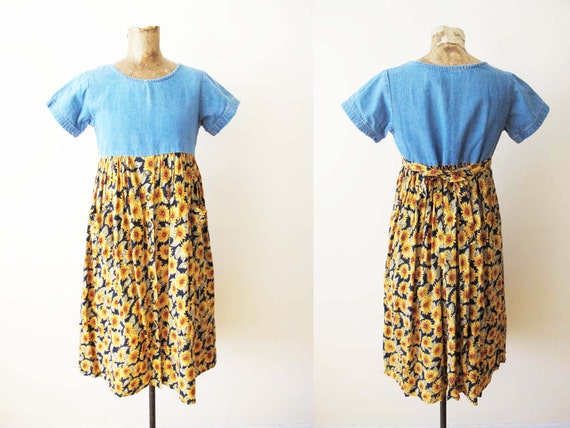 Vintage 90s Denim and Sunflower Mini Dress S - 19… - image 1