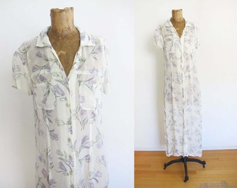 Vintage 90s Semi Sheer Floral Maxi Dress S - 1990s Grunge Cream Purple Button Front Long Sundress - Fairy Cottage Style