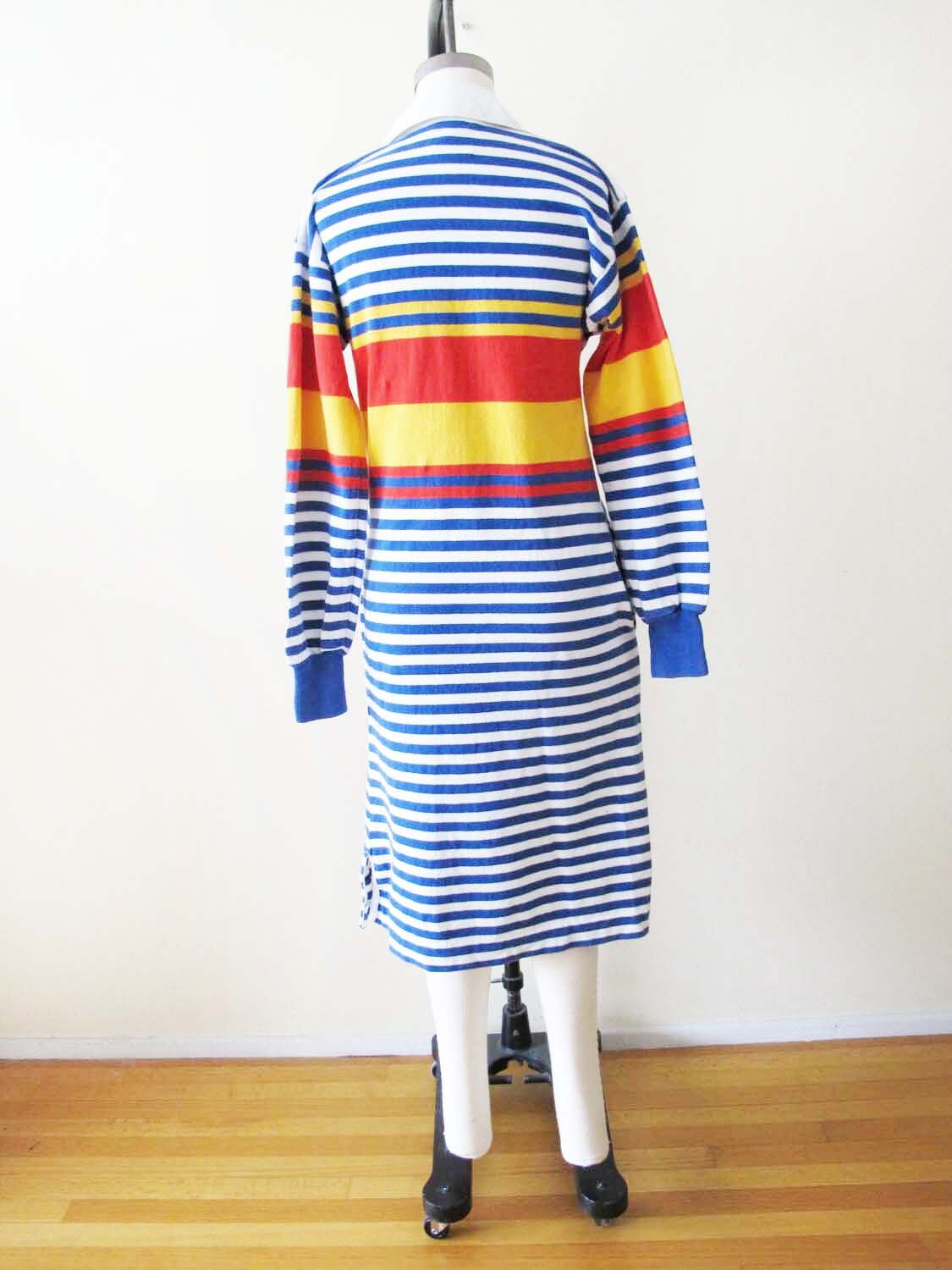 Robe Shirt Vintage Lands’ End Années 80 – Couleurs Vives, Coton épais – Taille L – Style Préppy Américain