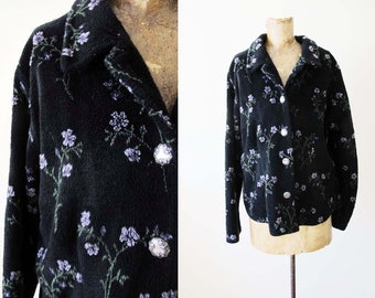 Giacca in pile vintage anni '90 M - Giacca in pile con colletto a bottoni floreali viola nero degli anni '90 - Vestibilità squadrata