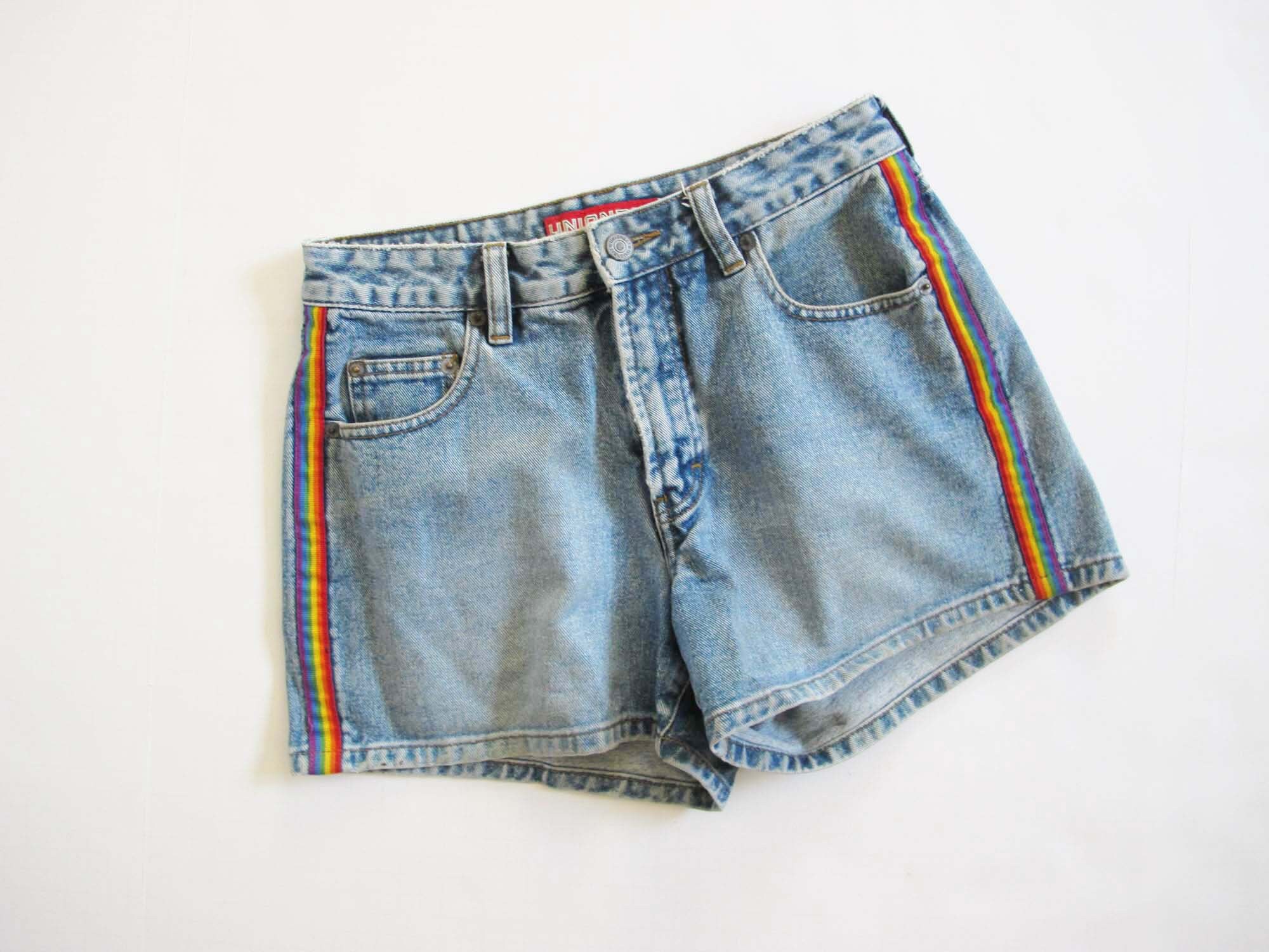 90s 2000s Rainbow Stripe Denim Shorts 