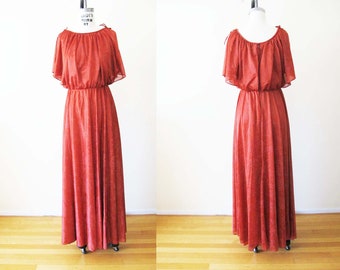 Vintage 1970s Rust Red Chiffon Maxi Dress S - 1970s Flowy Floral Print Long Formal Dress - Bohemian Clothing