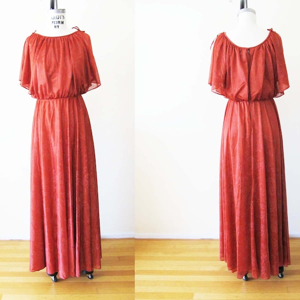 Vintage 1970s Rust Red Chiffon Maxi Dress S - 1970s Flowy Floral Print Long Formal Dress - Bohemian Clothing