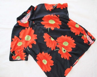 Vintage 90s Y2K Red Black Daisy Flower Print Camp Shirt Baggy Large - Oversized Floral Print 2000s Collared Shirt