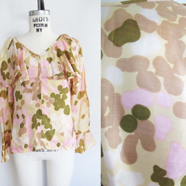 Vintage 60s Ruffle Neck Long Sleeve Blouse S - 1960s Pastel Pink Green Abstract 1960s Womens Romantic Top
