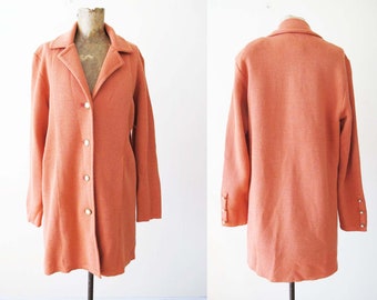 Vintage Coral Orange Womens Knit Coat S M - Knitted Spring Button Down Long Jacket - Solid Color Jacket - Preppy Colorful Jacket