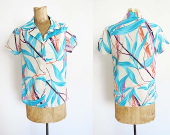 Vintage 80s Tropical Shirt S M - Womens Hawaiian Button Up Shirt - Tiki Shirt - Aloha Shirt - Teal Blue  Beige Cotton Hawaiian Shirt