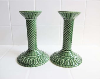 Vintage Green Checkerboard Ceramic Candlesticks made in Portugal - Tall Candleholders - Housewarming Gift - Garden Dinner Party