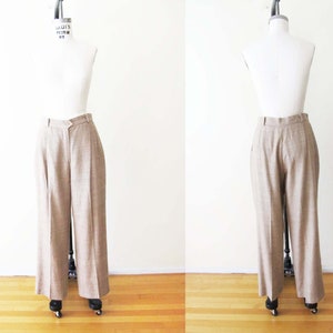 Vintage 70s Pleated Silk Trousers 29 High Waist Wide Leg Trousers Womens Textured Beige Trousers Pants 70s Clothing Dark Academic image 1