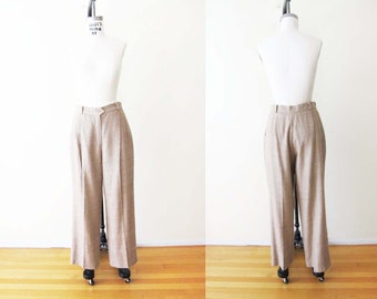 Vintage 70s Pleated Silk Trousers 29 - High Waist Wide Leg Trousers - Womens Textured Beige Trousers Pants - 70s Clothing - Dark Academic