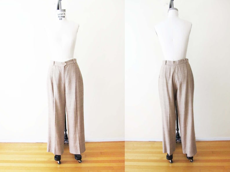 Vintage 70s Pleated Silk Trousers 29 High Waist Wide Leg Trousers Womens Textured Beige Trousers Pants 70s Clothing Dark Academic image 1
