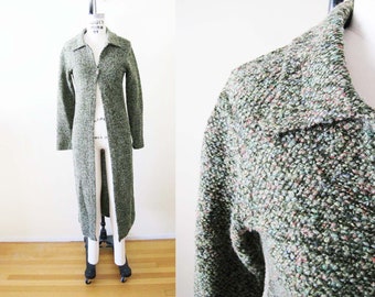 Vintage 2000er Jahre Boucle Knit Duster Jacket S - Y2K Grün gestrickter bodenlanger Cardigan - Fairy Kei Grunge Cozy