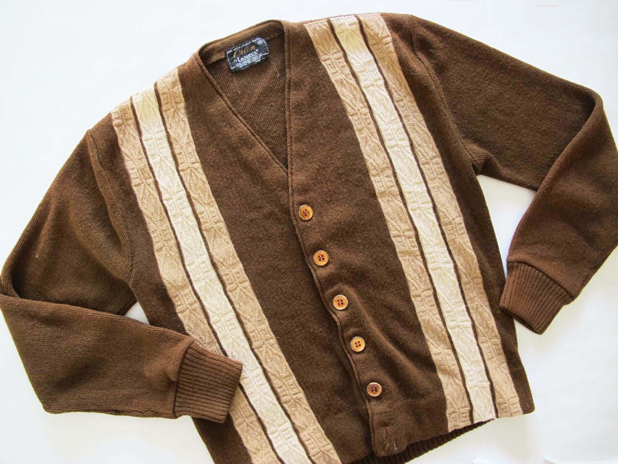 Vintage 60s Brown Stripe Cardigan S - 1960s Campus V Neck Vintage 60s Brown Stripe Cardigan S - 1960s Campus V Neck