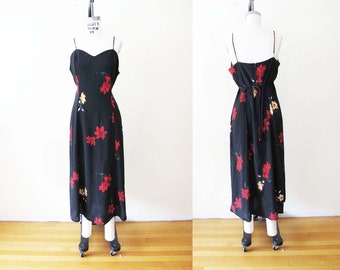 Vintage 90s Y2K Black Strappy Midi Dress M - 1990s 2000s Red Lily Flower Print Cocktail Dress