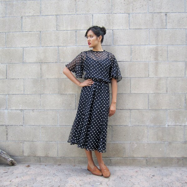 1970s dress/ black and white polka dot dress/ 70s flowy polka dot dress S