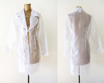 Vintage 2000s White Sheer Chiffon Duster Jacket S M  - Y2K Collared Long Sheer See Through Coat - Millenium Futuristic Style