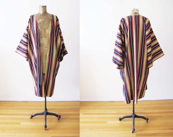 Vintage 1930s Striped Cotton Duster Robe Jacket - Black Red Green Homemade 30s Kimono Beach Robe - 1940s Clothing - Lounge Robe