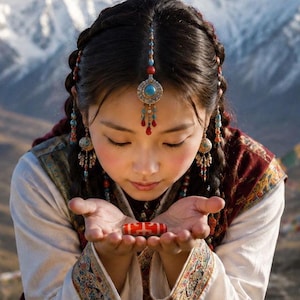 May include: A cylindrical red and white patterned bead held in open palms. The jewelry set includes a silver-toned headpiece with a central turquoise stone and dangling red and blue beads, matching drop earrings with similar stone and bead accents.
