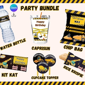 May include: A construction-themed party bundle featuring a water bottle label, a juice pouch label, a chip bag, a Kit Kat wrapper, cupcake toppers, and a Rice Krispie treat wrapper. All items feature yellow and black hazard stripes and construction vehicles.