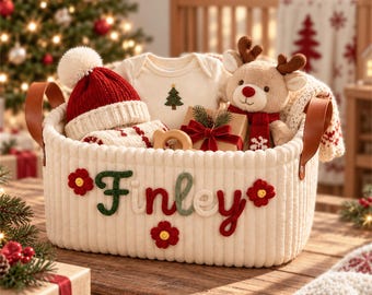 Personalized Christmas Gift Basket with Custom Name, Holiday Storage Bin with Handles, Christmas Eve Box Alternative for Kids