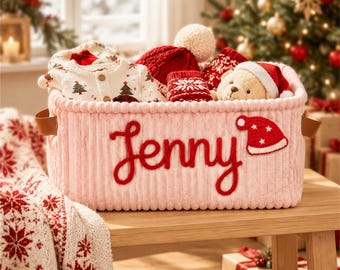 Christmas Eve Basket with Custom Name, Personalized Holiday Gift Basket for Kids, Rectangular Storage Bin with Carry Handles
