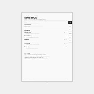 May include: A digital notebook interface titled NOTEBOOK 2026 - DIGITAL / REMARKABLE EDITION. It features sections for Meeting Notes, Project Notes, Research, Brain Dump, and Daily Log, with a vertical navigation tab bar on the right side.