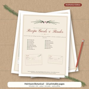 May include: A stack of printable recipe cards and binder pages titled The Heirloom Botanical Edition Recipe Cards & Binder. The pages feature botanical illustrations, a list of contents, and two sample recipe card templates.