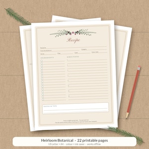 May include: A printable recipe card template on white paper with a beige border and botanical floral header. The layout includes fields for recipe name, category, kitchen, servings, prep, cook, and oven heat, plus ingredient checkboxes and lines.