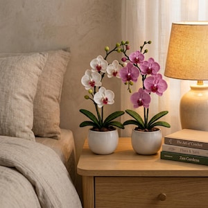 Può includere: Due piante di orchidea realizzate all'uncinetto, una con petali bianchi e una con petali rosa, ciascuna con foglie verde scuro e un centro rosso intenso. Le piante sono esposte in vasi di ceramica bianca su un comodino in legno.
