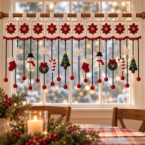May include: A crochet window valance featuring a row of cream-coloured squares with red poinsettia motifs. Hanging from the valance are green cords with red pom-poms, interspersed with crocheted snowmen, stockings, wreaths, candy canes, and trees.
