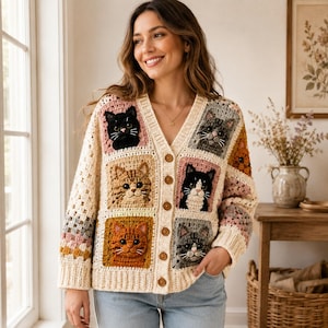 May include: A cream-colored crochet cardigan featuring a V-neckline and five brown buttons. The garment is constructed from square panels, each displaying a detailed, textured, three-dimensional yarn portrait of a cat in various colors.